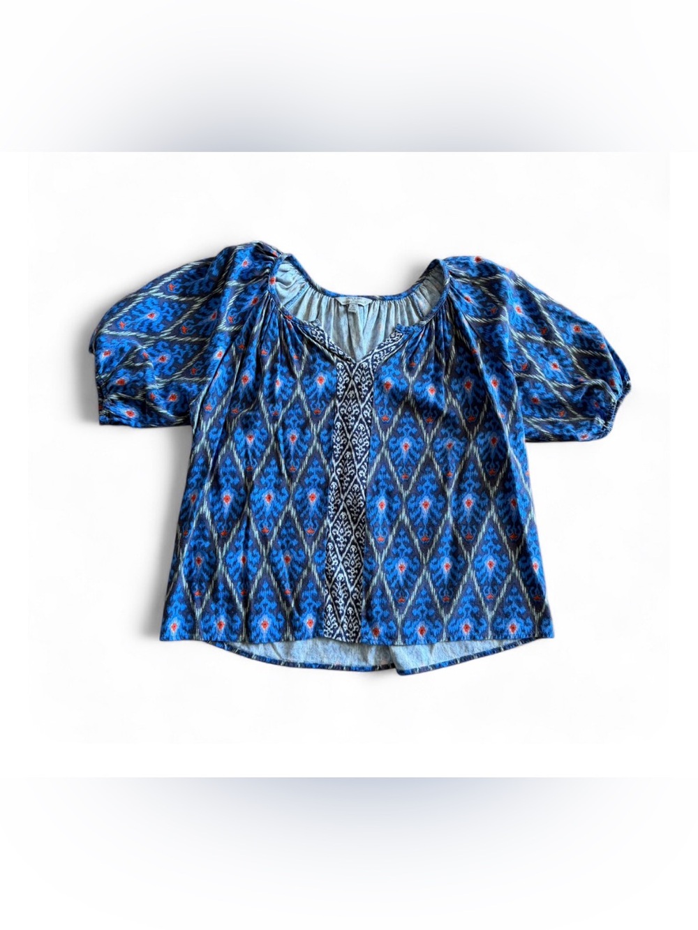 Hester & Orchard Blue Ikat Short Puff Sleeve Blouse XL Linen Boho Prairie Beach